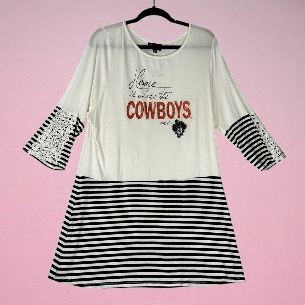 Oklahoma State University Tunic Top White Black Stripe OSU Graphics